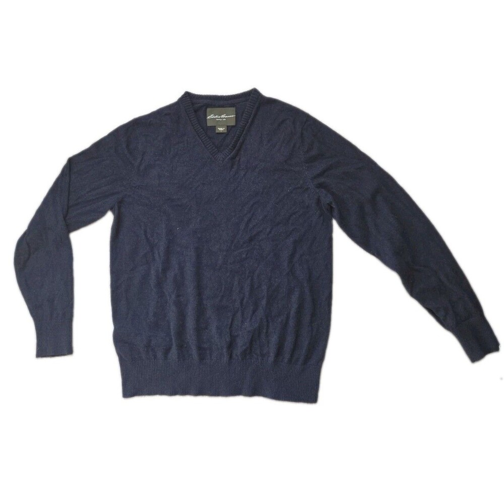 Eddie Bauer Navy Blue Cotton Cashmere V Neck Pullover Sweater Mens L EUC